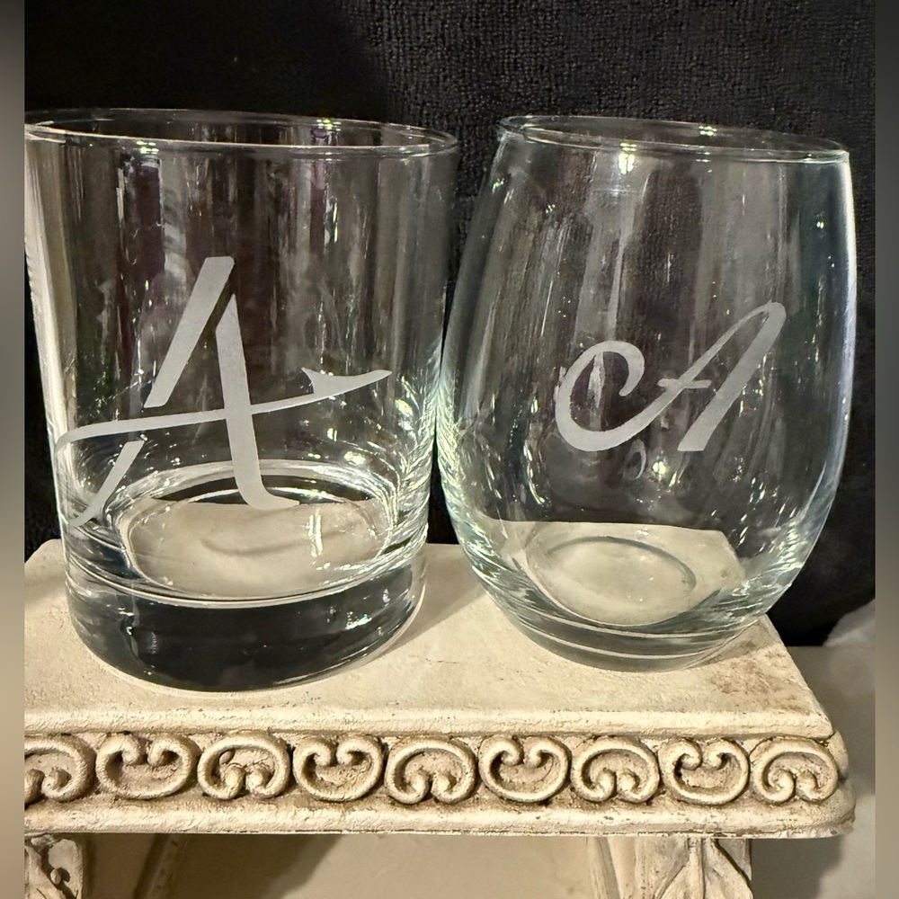 2 etched letter A Glasses, whisky and wine. Both 12oz